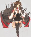  1girl absurdres ahoge bangs black_skirt boots breasts brown_eyes brown_hair detached_sleeves double_bun frilled_skirt frills full_body grey_background headgear high_collar highres japanese_clothes kantai_collection kongou_(kancolle) long_hair moor nontraditional_miko remodel_(kantai_collection) ribbon-trimmed_sleeves ribbon_trim rigging sidelocks simple_background skirt smile solo tassel thigh-highs thigh_boots 