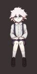  1boy bangs black_background black_footwear black_shorts breast_pocket child closed_mouth collared_shirt commentary_request dangan_ronpa_(series) dangan_ronpa_2:_goodbye_despair eyebrows_visible_through_hair full_body grey_eyes highres invisible_chair komaeda_nagito long_sleeves looking_at_viewer male_focus pocket shirt shoes shorts simple_background sitting socks solo suspender_shorts suspenders tetose white_hair white_legwear white_shirt younger 