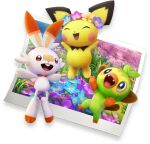  3d ^_^ animal_focus artist_request blue_flower blush_stickers brown_eyes buck_teeth closed_eyes fangs field flower flower_field flower_wreath full_body gen_2_pokemon gen_8_pokemon grass grookey happy jumping new_pokemon_snap no_humans open_mouth orange_flower photo_(object) pichu pink_flower pokemon pokemon_(game) purple_flower red_eyes scorbunny smile transparent_background 