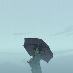  1girl clouds cloudy_sky futomayu-chan_(sinohira_rin) green_hair grey_hoodie holding holding_umbrella hood hood_down hoodie long_sleeves original outdoors rain short_hair sinohira_rin sky solo umbrella upper_body 