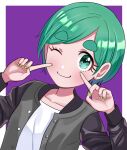  1girl absurdres aqua_eyes black_jacket blush eyebrows_visible_through_hair futomayu-chan_(sinohira_rin) green_hair green_nails highres index_finger_raised jacket long_sleeves looking_at_viewer one_eye_closed original purple_background shirt short_hair sinohira_rin smile solo upper_body white_shirt 