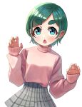  1girl absurdres aqua_eyes blush earrings eyebrows_visible_through_hair futomayu-chan_(sinohira_rin) green_hair grey_skirt hands_up highres jewelry open_mouth original pink_sweater plaid plaid_skirt pleated_skirt short_hair simple_background sinohira_rin skirt sleeves_past_wrists solo sweater white_background 