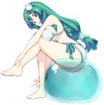  1girl asakura_maru ball beachball bikini breasts frog_hair_ornament green_bikini green_eyes green_hair hair_ornament hair_tubes kochiya_sanae long_hair medium_breasts open_mouth swimsuit swimwear touhou white_background white_bikini 