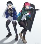  2girls absurdres assault_rifle bangs beanie black_footwear black_headwear black_legwear black_shirt black_shorts blue_hair blue_jacket blunt_bangs blush brown_footwear brown_gloves closed_mouth full_body girls_frontline gloves green_eyes green_jacket grey_gloves gun h&amp;k_hk416 hair_ornament hat headset highres hk416_(girls_frontline) jacket knee_pads long_hair long_sleeves looking_at_viewer multicolored_hair multiple_girls original pantyhose pink_hair pleated_skirt rifle rynzfrancis shield shirt shoes short_shorts shorts simple_background skirt standing thigh_pouch thigh_strap weapon white_background white_shirt white_skirt 