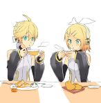  1boy 1girl aqua_eyes bare_shoulders black_sleeves blonde_hair blowing choker commentary cup d_futagosaikyou detached_sleeves food fork headphones highres hiyoko_manjuu holding holding_cup kagamine_len kagamine_len_(append) kagamine_rin kagamine_rin_(append) knife light_blush pancake plate shirt short_hair sitting sketch sleeveless sleeveless_shirt spiky_hair steam upper_body vocaloid vocaloid_append white_shirt 