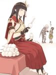  asutora dango eating food gloves hair_ornament hime_cut hinoa japanese_clothes kamura_(armor) miko moneybag monster_hunter_(series) monster_hunter_rise multiple_girls wagashi yomogi_(monster_hunter) 