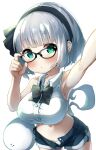  1girl :/ :3 arm_up armpits bespectacled black_bow black_hairband black_neckwear blush bow bowtie breasts commentary_request cowboy_shot crop_top glasses green_eyes hairband hand_up highres hitodama konpaku_youmu konpaku_youmu_(ghost) large_breasts looking_at_viewer midriff navel pegashi short_hair silver_hair simple_background solo touhou white_background 