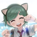  1girl animal_ears black_hairband blue_nails blurry blurry_background bracelet cat_day cat_ears closed_eyes collared_shirt eyebrows_visible_through_hair fake_animal_ears futomayu-chan_(sinohira_rin) green_hair hairband hands_up highres jewelry necktie original paw_pose red_neckwear shirt short_hair short_sleeves sinohira_rin solo white_shirt 