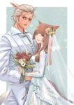  1boy 1girl animal_ears bangs blue_eyes bouquet breasts bridal_veil bride brown_hair cam_(cammero95713700) cat_ears cat_tail dark_skin dark_skinned_male dress facial_mark final_fantasy final_fantasy_xiv fingerless_gloves flower gloves groom hair_flower hair_ornament highres holding holding_bouquet husband_and_wife long_hair looking_at_viewer medium_breasts miqo&#039;te multicolored_hair profile slit_pupils streaked_hair tail tuxedo veil wedding wedding_dress whisker_markings white_dress white_hair yellow_eyes 