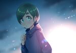  1girl aqua_eyes backlighting blurry blurry_background blush eyebrows_visible_through_hair futomayu-chan_(sinohira_rin) green_hair hand_up highres original parted_lips short_hair sinohira_rin solo upper_body 