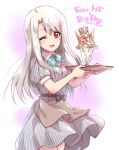  1girl apron aqua_neckwear bangs bow bowtie brown_apron collared_dress cup dress english_text eyebrows_visible_through_hair fate_(series) food grey_dress highres holding holding_tray ice_cream illyasviel_von_einzbern kuroi_mimei long_hair looking_at_viewer name_tag one_eye_closed open_mouth puffy_short_sleeves puffy_sleeves red_eyes short_dress short_sleeves silver_hair smile solo standing striped sundae tray vertical-striped_dress vertical_stripes waist_apron waitress 