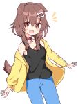  1girl :3 \||/ alternate_costume animal_collar animal_ears bangs black_tank_top blush bracelet braid brown_eyes brown_hair collar denim dog_ears dog_girl dog_tail fang hair_between_eyes hololive inugami_korone jacket jeans jewelry long_hair looking_at_viewer low_twin_braids off_shoulder outstretched_arms pants rabiiandrain red_collar simple_background skin_fang solo spread_arms symbol_commentary tail tank_top twin_braids virtual_youtuber white_background yellow_jacket 