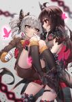  2girls black_legwear blush bronya_zaychik brown_eyes brown_hair bug butterfly carrying chinese_commentary commentary_request drill_hair ginklaga gloves grey_eyes grin honkai_(series) honkai_impact_3rd insect long_hair long_sleeves looking_at_another multicolored_hair multiple_girls no_shoes princess_carry red_gloves redhead seele_vollerei silver_hair smile toes twin_drills two-tone_hair white_gloves yuri 