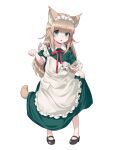 1girl 40hara alternate_costume animal_ears apron aqua_eyes bangs blonde_hair bow cat_ears cat_girl cat_tail chestnut_mouth enmaided eyebrows_visible_through_hair frilled_apron frills highres kinako_(40hara) long_hair looking_at_viewer maid maid_headdress name_tag original oversized_clothes paw_pose red_bow solo standing tail white_background