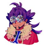  1boy bright_pupils cape champion_uniform closed_mouth commentary_request dark_skin dark_skinned_male facial_hair fur-trimmed_cape fur_trim hitorigaoka leon_(pokemon) long_hair looking_at_viewer lowres male_focus pokemon pokemon_(game) pokemon_swsh purple_hair red_cape shirt smile solo upper_body white_background white_pupils yellow_eyes 