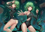 1girl ass aura black_dress blood blood_on_face breasts covered_navel curly_hair dirty dirty_face dress floating_rock green_eyes green_hair highres jammeryx no_panties one-punch_man parted_lips rock serious signature small_breasts solo tatsumaki telekinesis torn_clothes torn_dress watermark web_address 