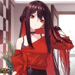  1girl bare_shoulders bell benghuai_xueyuan black_hair braid camisole copyright_name hair_lift head_tilt honkai_(series) indoors jingle_bell long_hair looking_at_viewer multicolored_hair musyoku_kika neck_bell official_art red_eyes redhead side_braid sidelocks solo sougishi_ego two-tone_hair upper_body 