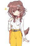  &gt;:) 1girl :3 alternate_costume animal_collar animal_ears bag bangs belt blush bracelet braid brown_eyes brown_hair closed_mouth collar dog_ears dog_girl dog_tail hair_between_eyes handbag hololive inugami_korone jewelry long_hair long_sleeves looking_at_viewer low_twin_braids pants rabiiandrain red_collar shirt simple_background smile solo sparkle symbol_commentary tail twin_braids virtual_youtuber white_background white_shirt yellow_pants 