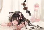  1girl animal_ear_fluff animal_ears arms_up bangs bell black_hair black_ribbon brown_ribbon cat_ears cat_girl cat_tail claw_pose commentary_request eyebrows_visible_through_hair fang feet feet_up fingernails full_body grey_eyes hair_bell hair_ornament hair_ribbon highres kneehighs korean_commentary legs long_fingernails long_hair looking_at_viewer lying no_shoes on_stomach open_mouth original panties paw_print_soles pink_ribbon ribbon shirt skin_fang sleeveless sleeveless_shirt smile soles solo tail tail_ornament tail_raised tail_ribbon the_pose tiss_221 underwear white_legwear white_panties white_shirt 