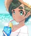  1girl absurdres aqua_eyes bare_shoulders blue_nails blush cup drinking drinking_straw earrings eyebrows_visible_through_hair futomayu-chan_(sinohira_rin) green_hair hat highres jewelry looking_at_viewer off_shoulder original shadow short_hair sinohira_rin solo straw_hat upper_body 