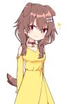  1girl :3 alternate_costume animal_collar animal_ears arms_behind_back bangs bare_shoulders blush bracelet braid brown_eyes brown_hair clothing_cutout collar collarbone cowboy_shot dog_ears dog_girl dog_tail dress hair_between_eyes heart hololive inugami_korone jewelry long_dress long_hair long_sleeves looking_at_viewer low_twin_braids rabiiandrain red_collar shoulder_cutout simple_background solo symbol_commentary tail twin_braids virtual_youtuber white_background yellow_dress 