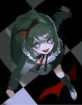  1girl :d absurdres checkered checkered_floor dangan_ronpa_(series) dangan_ronpa_another_episode:_ultra_despair_girls dress from_above green_dress green_eyes green_hair green_legwear grey_footwear hairband highres kakeami kneehighs looking_at_viewer motion_lines open_mouth red_hairband ribbon shiny shiny_hair shoes short_hair smile solo towa_monaka 