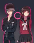  arms_behind_back black_hair black_jacket dangan_ronpa_(series) dangan_ronpa_v3:_killing_harmony hand_on_own_face harukawa_maki hat highres jacket knife long_hair looking_at_another outline red_eyes red_ribbon ribbon saihara_shuuichi sailor_collar sailor_shirt shirt skirt striped toto vertical_stripes yellow_eyes 