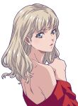 1girl amano_yo-ki bare_shoulders blonde_hair blue_eyes from_side holding holding_hair looking_at_viewer medium_hair off-shoulder_shirt off_shoulder open_mouth original profile shirt shoulder_blades solo upper_body white_background 