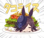  1girl animal_ears black_headwear blue_flower blue_rose brown_hair commentary_request flower food gyokuto_b hat hat_flower horse_ears horse_girl in_food long_hair lying on_stomach plate rice_shower_(umamusume) rose sleeping solo taco_rice tilted_headwear triangle_mouth umamusume 