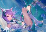  1girl :d animal_ears blush boots eyebrows_visible_through_hair foreshortening gloves highres horse_ears horse_girl horse_tail kainownill knee_boots long_hair mejiro_mcqueen_(umamusume) navel open_mouth purple_hair reaching_out sky smile solo tail umamusume violet_eyes white_footwear white_gloves 