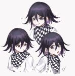  1boy :o absurdres bangs black_eyes black_hair bojue_(hakus_1128) buttons checkered checkered_neckwear checkered_scarf closed_mouth cropped_torso dangan_ronpa_(series) dangan_ronpa_v3:_killing_harmony double-breasted grey_background grin hair_between_eyes highres jacket long_sleeves looking_at_viewer male_focus open_mouth ouma_kokichi purple_hair scarf shirt short_hair smile upper_body violet_eyes 