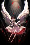  1girl absurdres angel angel_wings barefoot dress dress_lift eyebrows_visible_through_hair floating full_body hair_ornament halo highres long_hair original puffy_short_sleeves puffy_sleeves red_eyes sanamisa shadow short_sleeves signature solo white_dress white_hair wings 