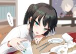  1girl bangs black_hair blurry blurry_background blush cake cake_slice chopsticks commentary_request cup earrings eyebrows_visible_through_hair eyelashes eyeshadow fate/grand_order fate_(series) flower flower_earrings food fruit green_eyes green_nails holding holding_cup jewelry jing_ke_(fate) long_hair long_sleeves looking_at_viewer makeup nail_polish open_mouth plate red_eyeshadow smile solo strawberry television ugetsu_(chimere/marie) white_flower 