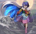  1girl bangs blue_hair cape dress long_sleeves multicolored multicolored_cape multicolored_clothes multicolored_dress multicolored_hairband pointing pointing_down pointing_up rainbow_gradient red_button shope short_hair sky_print smile solo tenkyuu_chimata touhou two-sided_cape two-sided_fabric violet_eyes white_cape zipper 