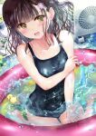  1girl absurdres black_hair black_swimsuit breasts collarbone green_eyes highres long_hair medium_breasts ogata_tei original rubber_duck school_swimsuit small_breasts solo splashing swimsuit wading_pool water water_gun wet 