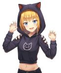  1girl :d animal_ears black_hoodie blonde_hair blue_eyes cat_ears claw_pose clothing_cutout crop_top dalian_(wlals088) fake_animal_ears fang hands_up highres hood hoodie looking_at_viewer midriff navel open_mouth original short_hair shoulder_cutout simple_background smile solo stomach upper_body white_background 