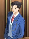  1boy absurdres aqua_vest black_eyes black_hair blue_jacket collared_shirt glint gyakuten_saiban gyakuten_saiban_5 highres jacket looking_at_viewer male_focus naruhodou_ryuuichi necktie red_neckwear shirt short_hair sinohira_rin smile solo upper_body white_shirt 