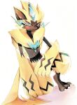  claws closed_mouth commentary_request fang fang_out furry gen_7_pokemon green_eyes kneeling mythical_pokemon pokemon pokemon_(creature) solo uta_(uu_ta00) white_background yellow_fur zeraora 
