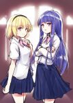  2girls absurdres blonde_hair blue_hair blue_skirt crossed_arms dress_shirt furude_rika hairband hand_on_own_chest hazumi_otoya highres higurashi_no_naku_koro_ni houjou_satoko long_hair multiple_girls open_mouth pink_eyes school_uniform shirt short_hair skirt smile violet_eyes white_shirt 