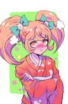  1girl :t =3 anger_vein angry animal_print bangs bird_print blonde_hair blush bow cat_hair_ornament closed_mouth commentary_request crossed_arms dangan_ronpa_(series) dangan_ronpa_2:_goodbye_despair frown furisode green_background green_bow hair_bow hair_ornament japanese_clothes kimono long_hair long_sleeves looking_at_viewer nose_blush obi orange_eyes orange_hair pout rexmmik saionji_hiyoko sash shiny shiny_hair solo twintails upper_body v-shaped_eyebrows white_background wide_sleeves 