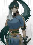  1girl bangs blue_dress delsaber dress earrings fire_emblem fire_emblem:_the_blazing_blade gloves green_eyes green_hair jewelry katana long_hair looking_at_viewer lyn_(fire_emblem) open_mouth ponytail rope_belt sheath sweat sword thighs towel very_long_hair weapon 