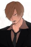 1boy absurdres blonde_hair cigarette facial_hair formal goatee hair_over_one_eye highres necktie one_piece open_mouth quana sanji smoking solo suit sweat white_background 