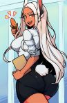  1girl alternate_costume animal_ear_fluff animal_ears bangs boku_no_hero_academia breasts bunny_tail collared_shirt cowboy_shot dark_skin dark-skinned_female emphasis_lines fingernails folder forehead half-closed_eye highres holding_carrot holding_folder indoors long_eyelashes long_hair long_sleeves looking_at_viewer looking_back masgamjya medium_breasts miniskirt mirko office_lady open_mouth outline pantylines parted_bangs pencil_skirt rabbit_ears red_eyes red_nails shiny shiny_clothes shirt sidelocks skirt sleeves_rolled_up smile solo tail teeth thighs very_long_hair walking white_hair wide_hips 