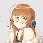  1girl ahoge bangs behind-the-head_headphones black_tank_top black_vest blunt_bangs blush coat eyebrows_visible_through_hair fur-trimmed_coat fur_trim glasses gnash15 grey_background happy head_tilt headphones highres hime_cut long_hair off-shoulder_shirt off_shoulder open_mouth orange_hair persona persona_5 sakura_futaba shirt simple_background smile solo_focus t-shirt tank_top teeth vest white_shirt 