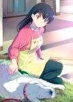  1girl apron bamboo_broom broom collared_shirt commentary_request dog grass highres leash maison_ikkoku mikazuki_akira! otonashi_kyouko pants pink_sweater piyo_piyo_apron shirt solo squatting sweater white_shirt yellow_apron 