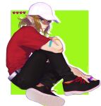  1boy bandaid bandaid_on_arm bandaid_on_hand bangs baseball_cap belt black_footwear black_pants blonde_hair blue_eyes earrings expressionless from_side full_body green_background grey_belt hat heart heart_print highres iva_(sena0119) jewelry knee_up link looking_at_viewer looking_to_the_side male_focus outline pants pointy_ears ponytail red_shirt shirt shoes sitting solo the_legend_of_zelda the_legend_of_zelda:_breath_of_the_wild white_background white_headwear white_outline 