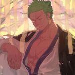  1boy absurdres black_eyes cherry_blossoms coat coat_on_shoulders earrings green_hair highres japanese_clothes jewelry kimono looking_at_viewer male_focus mouth_hold one_piece quana roronoa_zoro scar scar_across_eye short_hair solo stalk_in_mouth topknot 