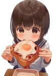  1girl bacon bangs blue_sailor_collar blush brown_hair commentary eating eyebrows_visible_through_hair face food food_in_mouth fried_egg fried_egg_on_toast from_above hair_between_eyes hands hands_up highres holding long_hair mimikaki_(men_bow) original sailor_collar school_uniform serafuku shirt short_hair solo table toast white_background white_shirt 