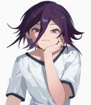  1boy bangs blush closed_mouth collarbone commentary_request dangan_ronpa_(series) dangan_ronpa_v3:_killing_harmony eyebrows_visible_through_hair hair_between_eyes hand_on_own_chin highres jazy looking_at_viewer male_focus ouma_kokichi purple_hair shiny shiny_hair shirt short_hair short_sleeves simple_background smile solo upper_body violet_eyes white_background white_shirt 