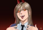  1girl bangs blonde_hair chainsaw_man demon_horns eyelashes fangs gradient gradient_background hair_between_eyes horns long_hair looking_at_viewer necktie nextoad orange_eyes power_(chainsaw_man) shirt simple_background smile solo tongue tongue_out watermark white_shirt 